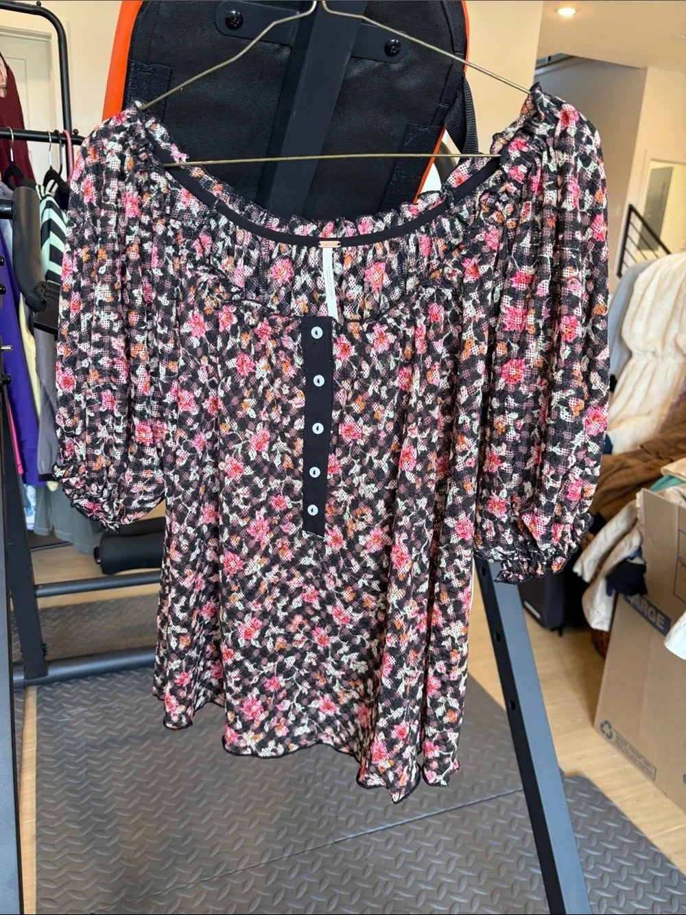 Free People Black Floral Puff-Sleeve Peasant Top with Pink Accents